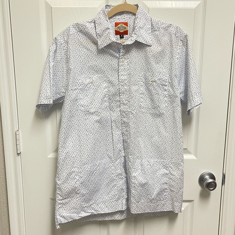 San Cristobal White Guayabera with Blue Lady Print